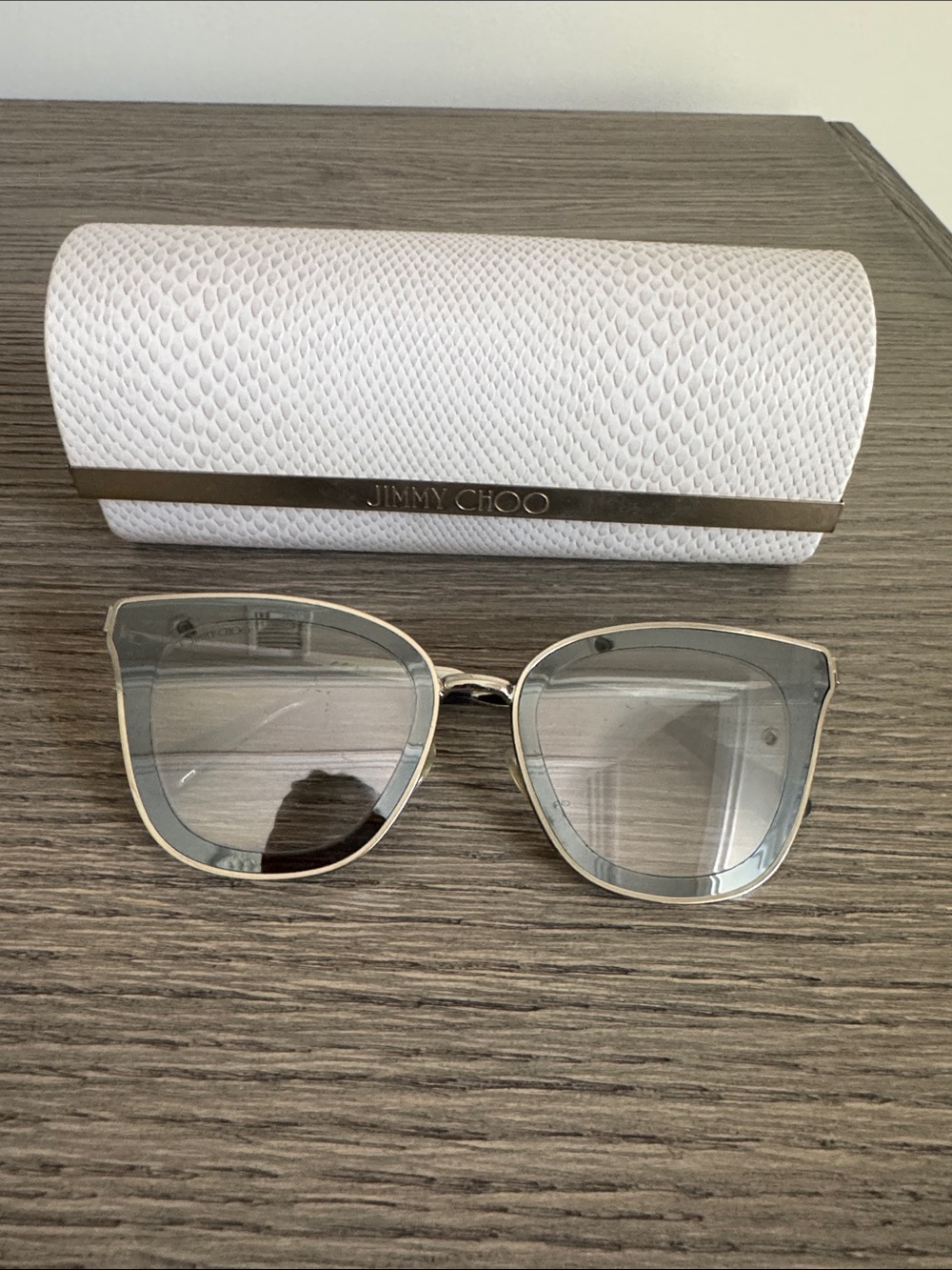 Jimmy Choo Gold-Trim Gray Gradient Sunglasses with White Textured Case